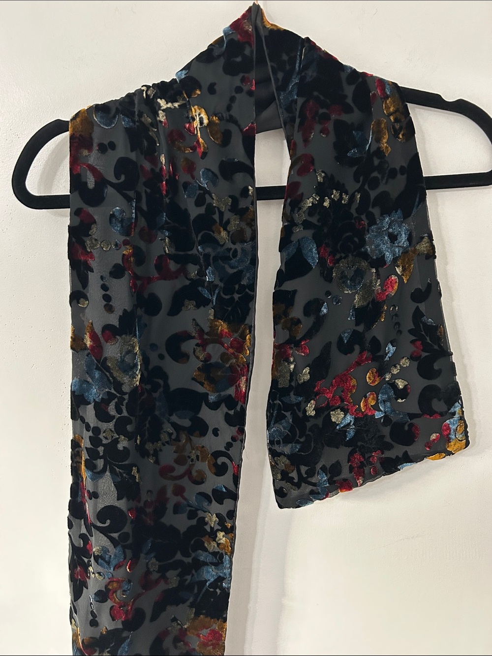Velvet Burnout Floral Scarf in Black with Multicolor Accents Whimsigoth Fairy